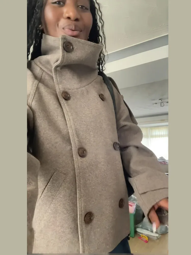 Stand Collar Short Brown Women - Wool Coat Peacoat review and price